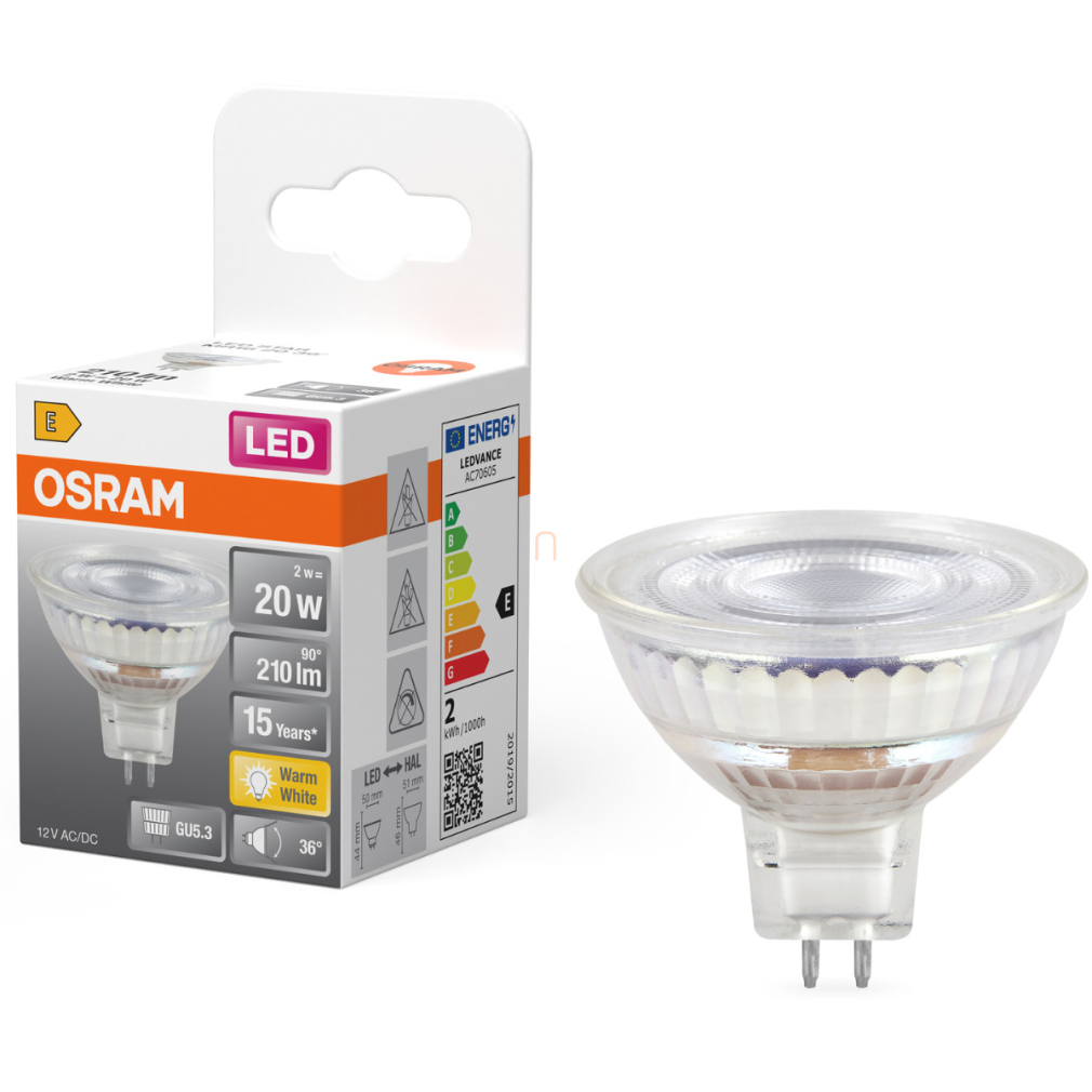 Osram GU5.3 LED 2W, 210 lm, 2700 K, melegfehér, 36°, áttetsző üveg-20 W izzó helyett - Star Spot MR16