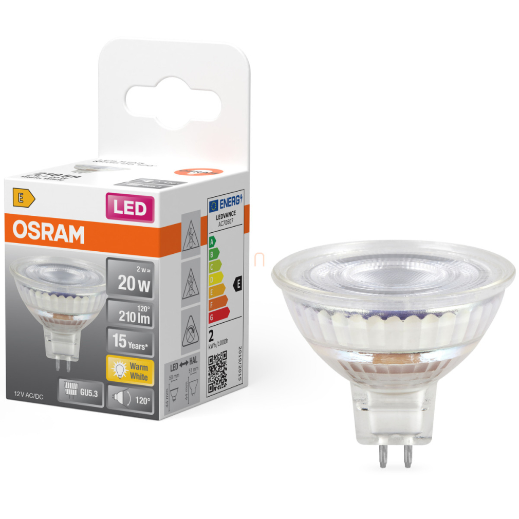 Osram GU5.3 LED 2W, 210 lm, 2700 K, melegfehér, 120°, áttetsző üveg-20 W izzó helyett - Star Spot MR16