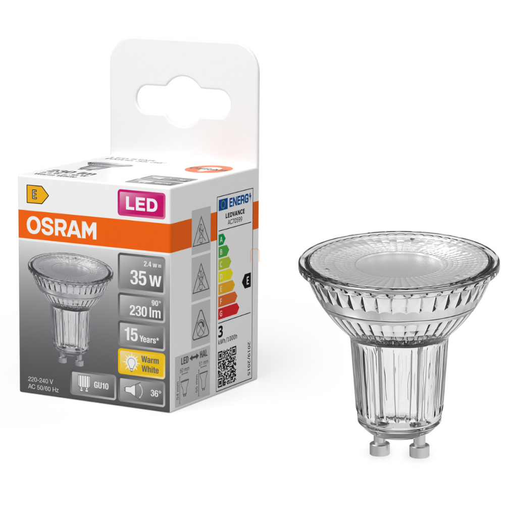 Osram GU10 LED 2,4W, 230 lm, 2700 K, melegfehér, áttetsző üveg-35 W izzó helyett - Star Spot PAR16