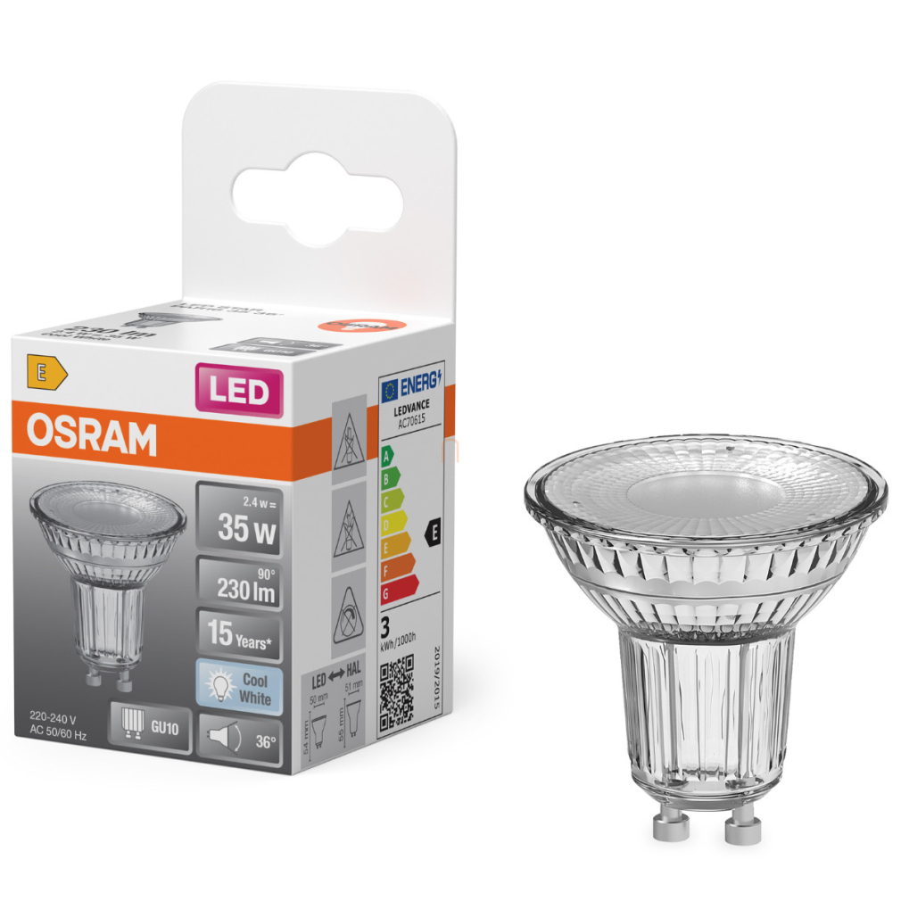 Osram GU10 LED 2,4W, 230 lm, 4000 K, hidegfehér, áttetsző üveg-35 W izzó helyett - Star Spot PAR16