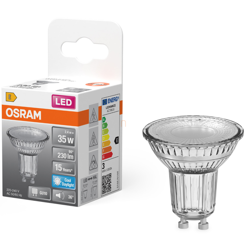 Osram GU10 LED 2,4W, 230 lm, 6500 K, daylight, áttetsző üveg-35 W izzó helyett - Star Spot PAR16