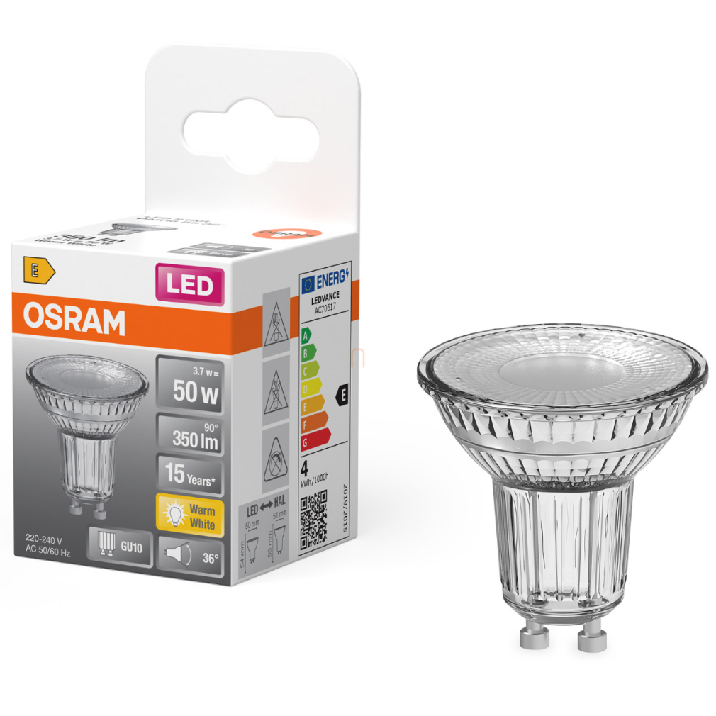 Osram GU10 LED 3,7W, 350 lm, 2700 K, melegfehér, áttetsző üveg-50 W izzó helyett - Star Spot PAR16
