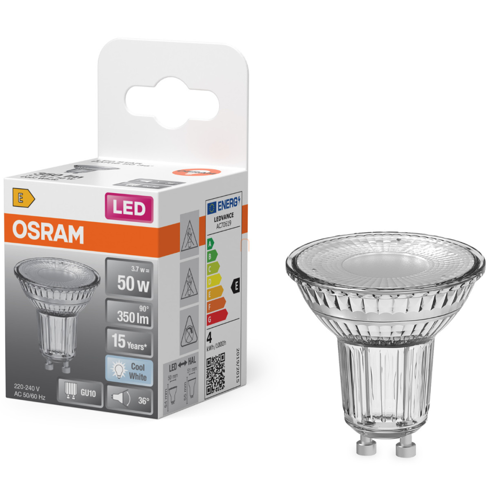 Osram GU10 LED 3,7W, 350 lm, 4000 K, hidegfehér, áttetsző üveg-50 W izzó helyett - Star Spot PAR16