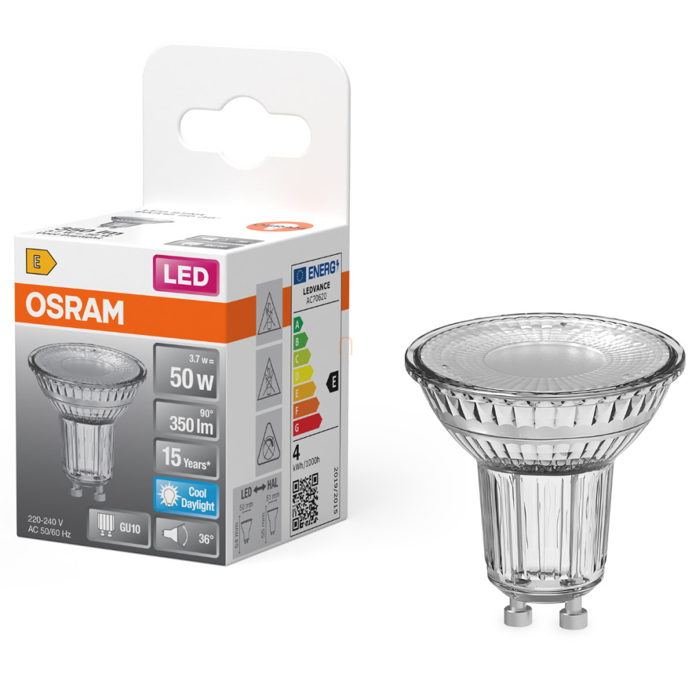 Osram GU10 LED 3,7W, 350 lm, 6500 K, daylight, áttetsző üveg-50 W izzó helyett - Star Spot PAR16