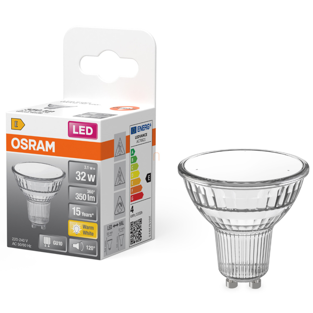 Osram GU10 LED 3,1W, 350 lm, 2700 K, melegfehér, áttetsző üveg-30 W izzó helyett - Star Spot PAR16
