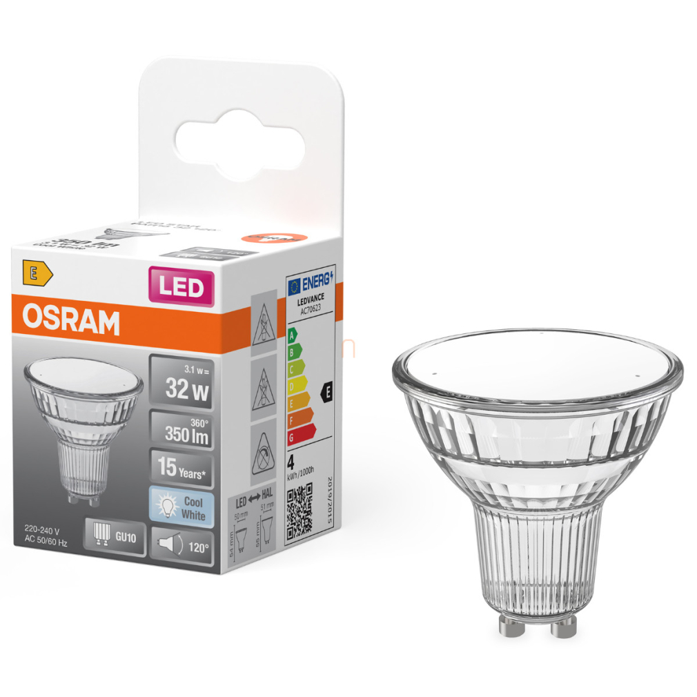 Osram GU10 LED 3,1W, 350 lm, 4000 K, hidegfehér, áttetsző üveg-30 W izzó helyett - Star Spot PAR16