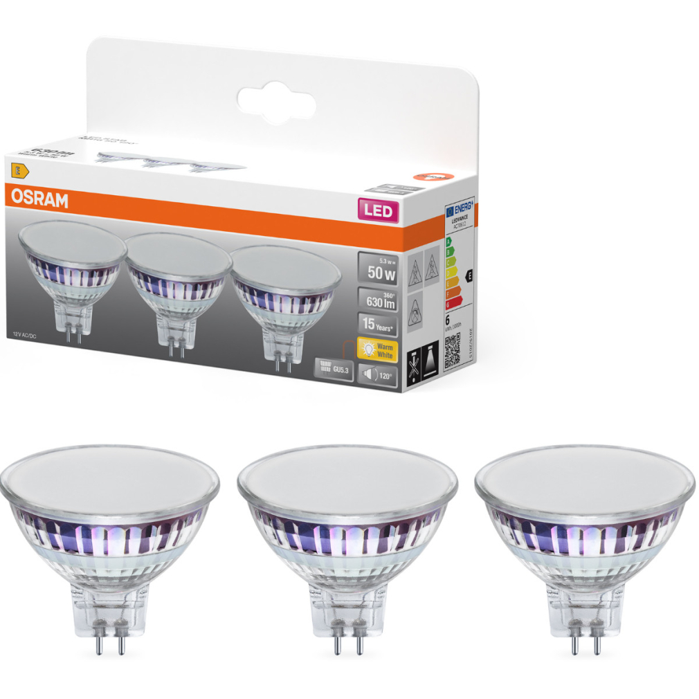 Osram GU5.3 LED 5,3W, 630 lm, 2700 K, melegfehér, áttetsző üveg-50 W izzó helyett, 3 darabos, 3 darabos - Star Spot MR16