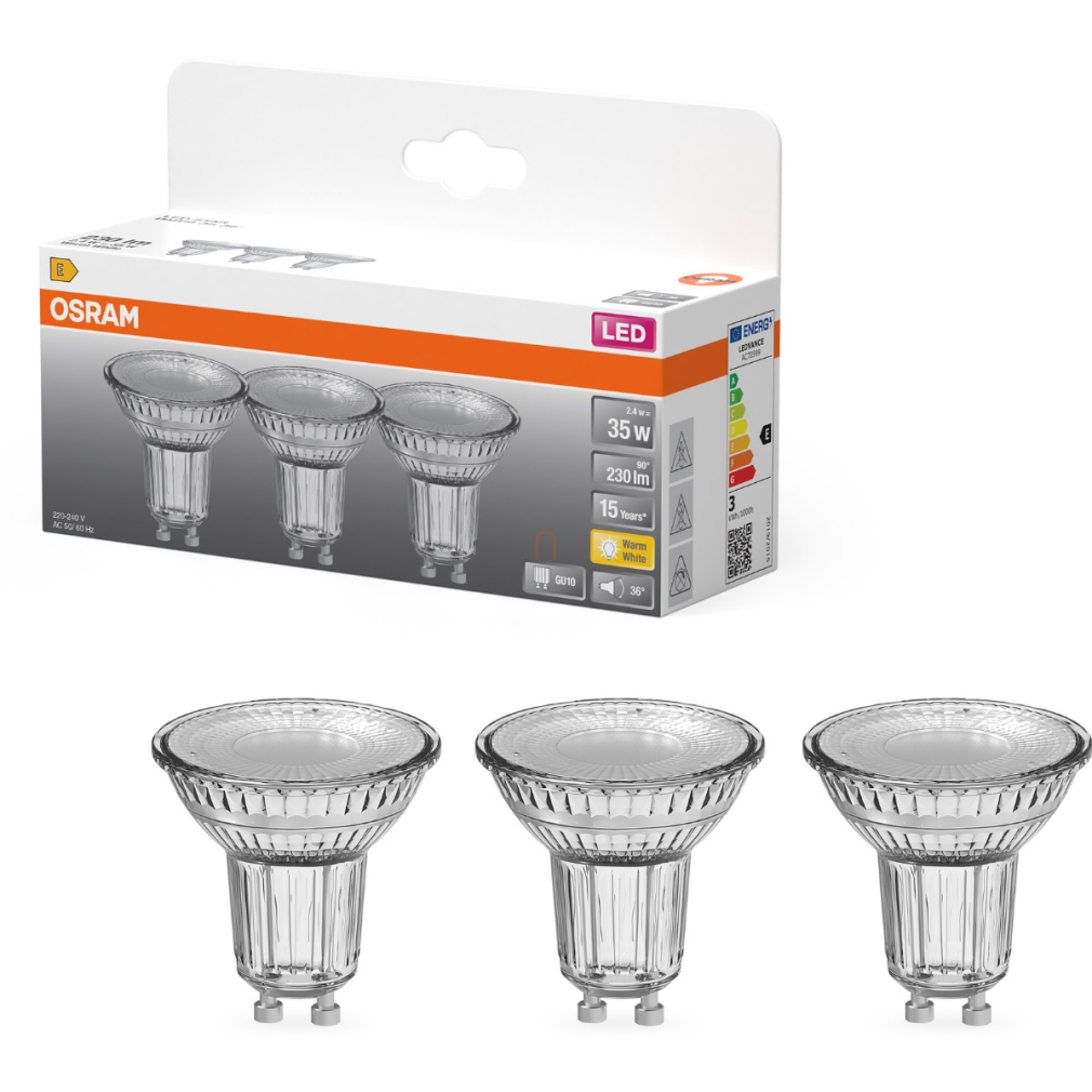 Osram GU10 LED 2,4W, 230 lm, 2700 K, melegfehér, áttetsző üveg-35 W izzó helyett, 3 darabos - Star Spot PAR16