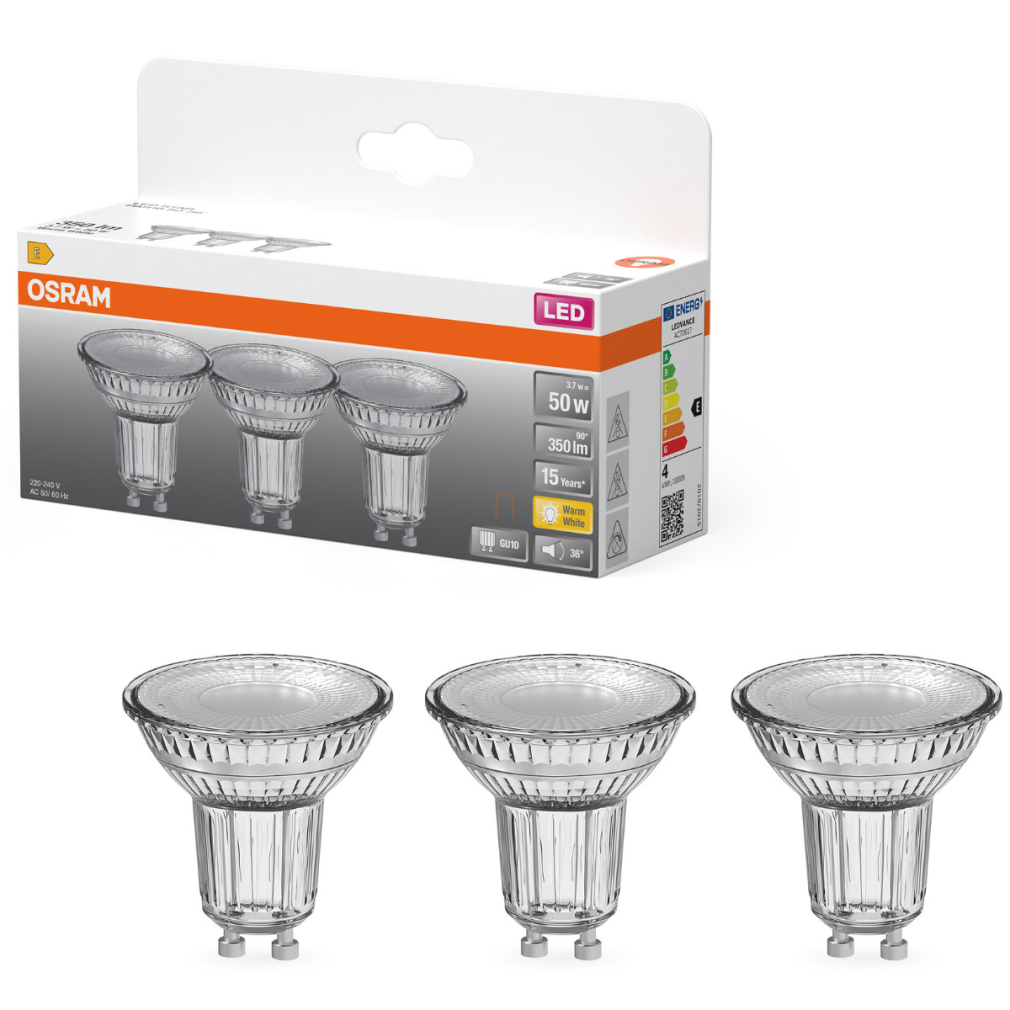Osram GU10 LED 3,7W, 350 lm, 2700 K, melegfehér, áttetsző üveg-50 W izzó helyett, 3 darabos - Star Spot PAR16