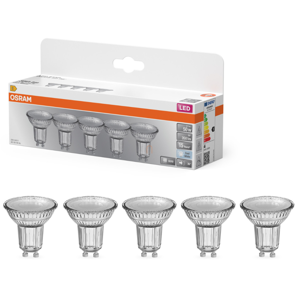 Osram GU10 LED 3,7W, 350 lm, 4000 K, hidegfehér, áttetsző üveg-50 W izzó helyett, 5 darabos - Star Spot PAR16