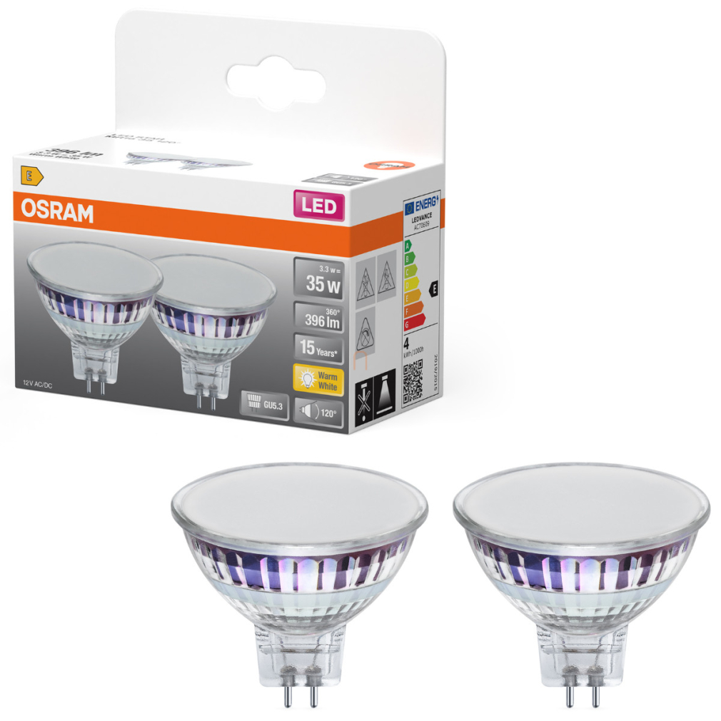 Osram GU5.3 LED 3,3W, 396 lm, 2700 K, melegfehér, áttetsző üveg-35 W izzó helyett, 2 darabos, 2 darabos - Star Spot MR16