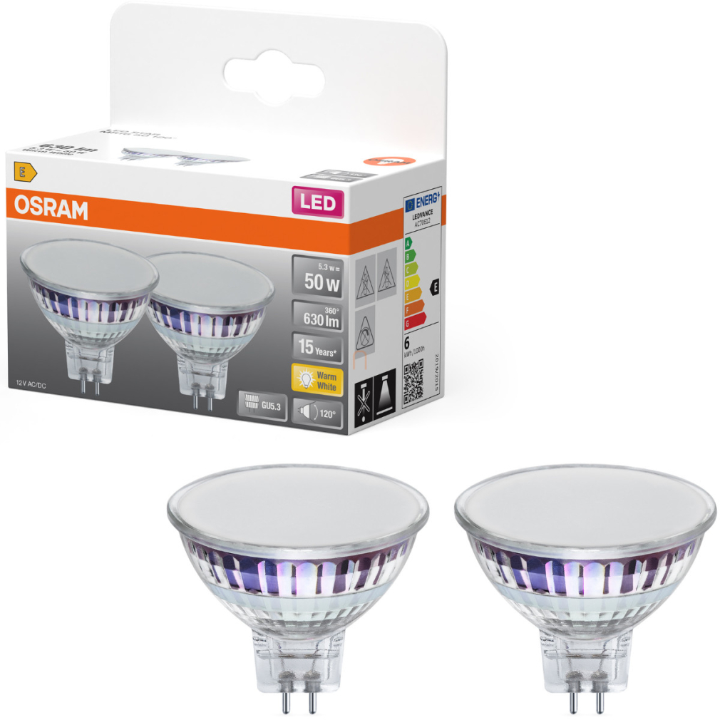 Osram GU5.3 LED 5,3W, 630 lm, 2700 K, melegfehér, áttetsző üveg-50 W izzó helyett, 2 darabos, 2 darabos - Star Spot MR16