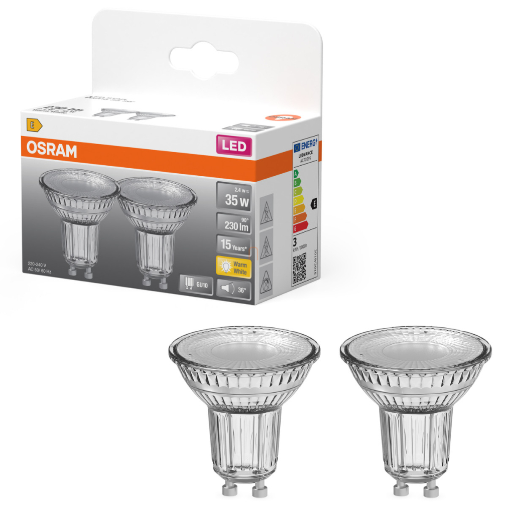 Osram GU10 LED 2,4W, 230 lm, 2700 K, melegfehér, áttetsző üveg-35 W izzó helyett, 2 darabos - Star Spot PAR16