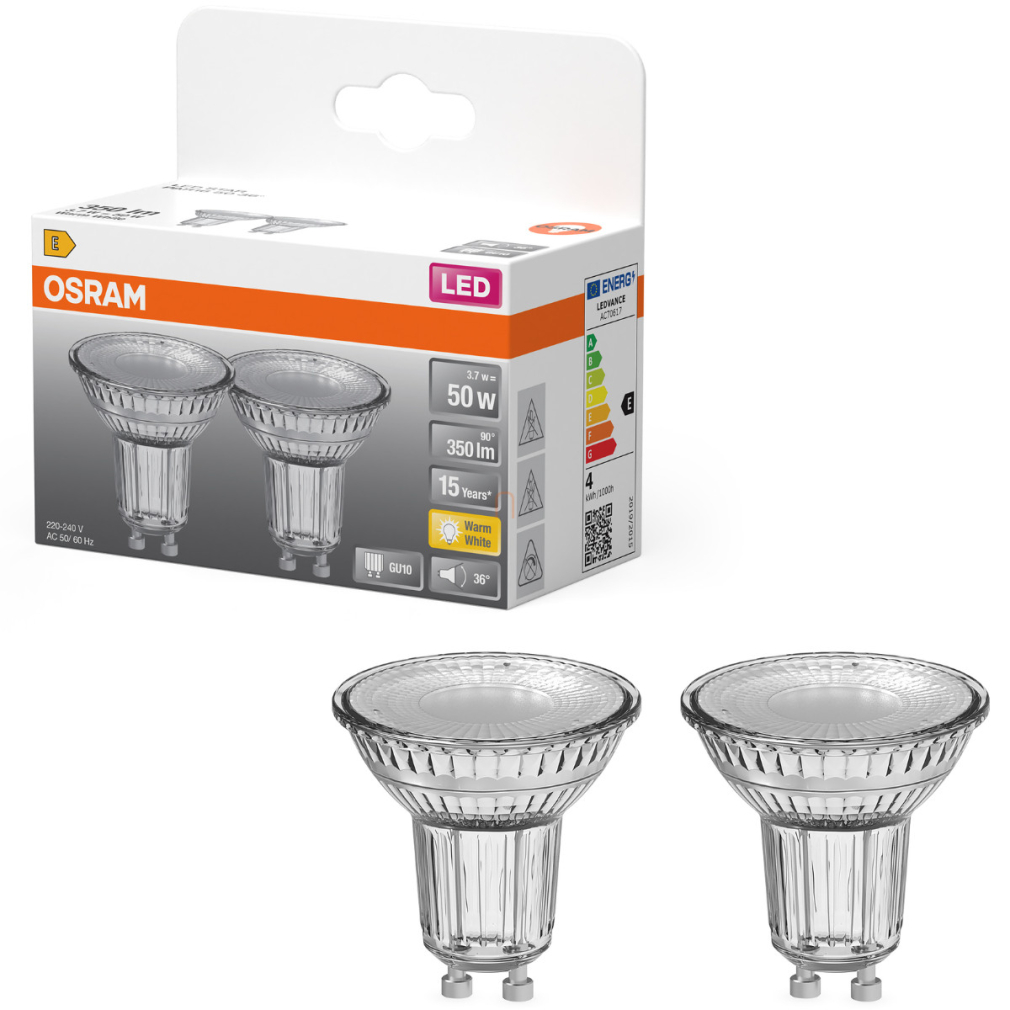 Osram GU10 LED 3,7W, 350 lm, 2700 K, melegfehér, áttetsző üveg-50 W izzó helyett, 2 darabos - Star Spot PAR16