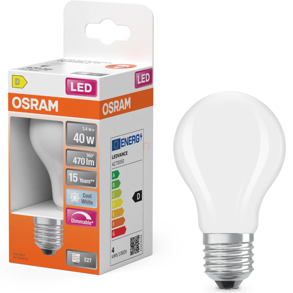 Osram E27 LED 3,4W, 470 lm, 4000 K, hidegfehér, dimmelhető, opál üveg-40 W normál izzó helyett - Superstar Classic A
