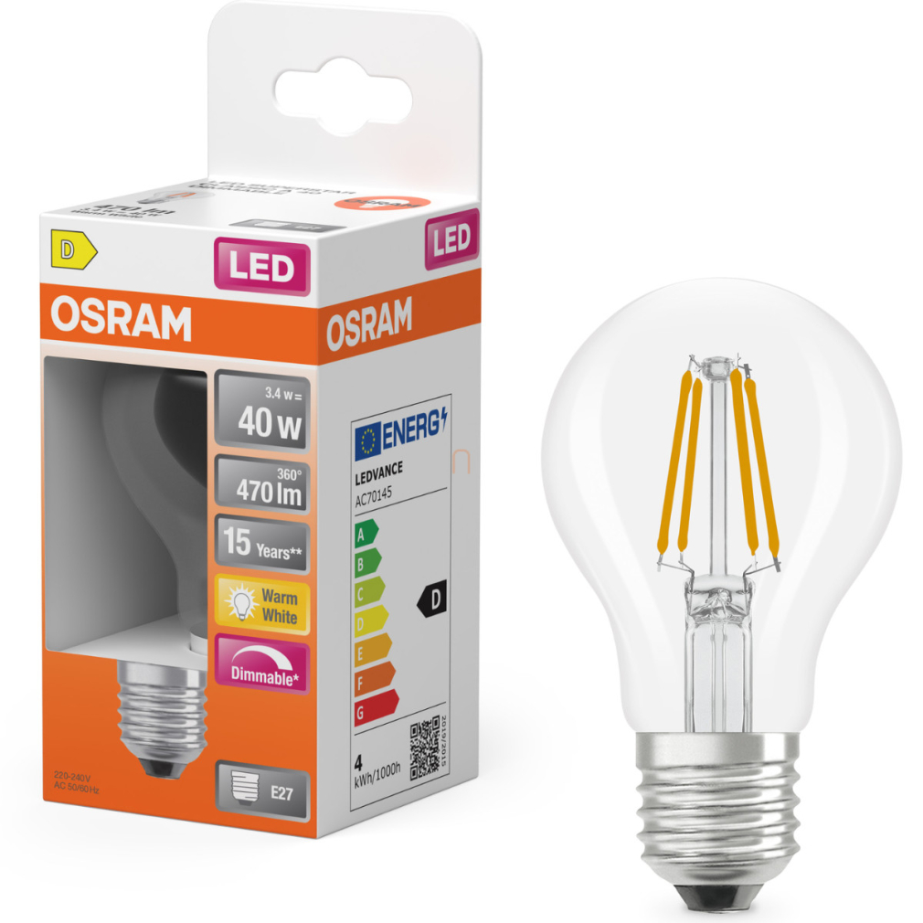 Osram E27 LED 3,4W, 470 lm, 2700 K, melegfehér, dimmelhető, áttetsző üveg-40 W normál izzó helyett - Superstar Classic A filament