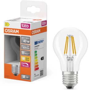   Osram E27 LED 3,4W, 470 lm, 2700 K, melegfehér, dimmelhető, áttetsző üveg-40 W normál izzó helyett - Superstar Classic A filament