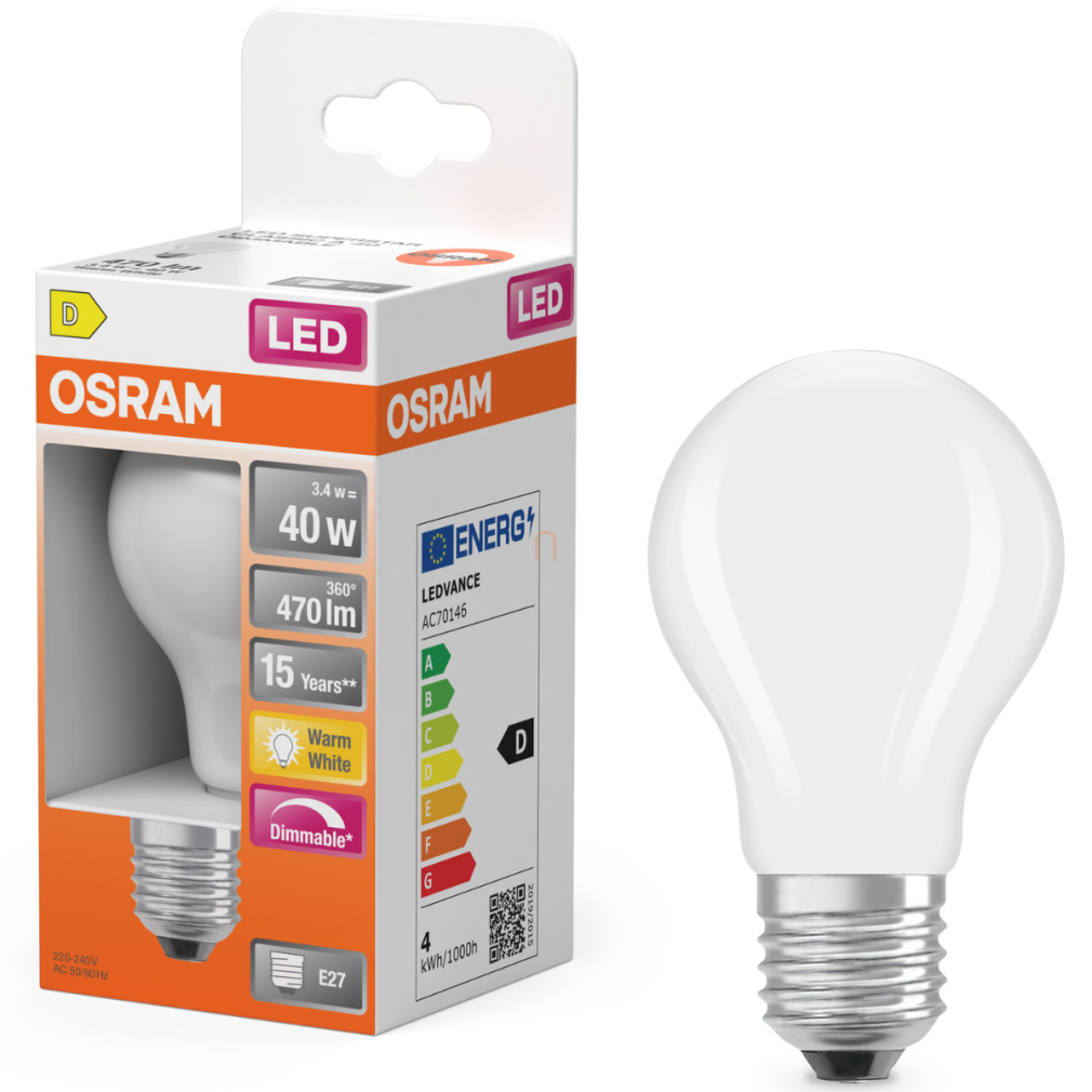 Osram E27 LED 3,4W, 470 lm, 2700 K, melegfehér, dimmelhető, opál üveg-40 W normál izzó helyett - Superstar Classic A
