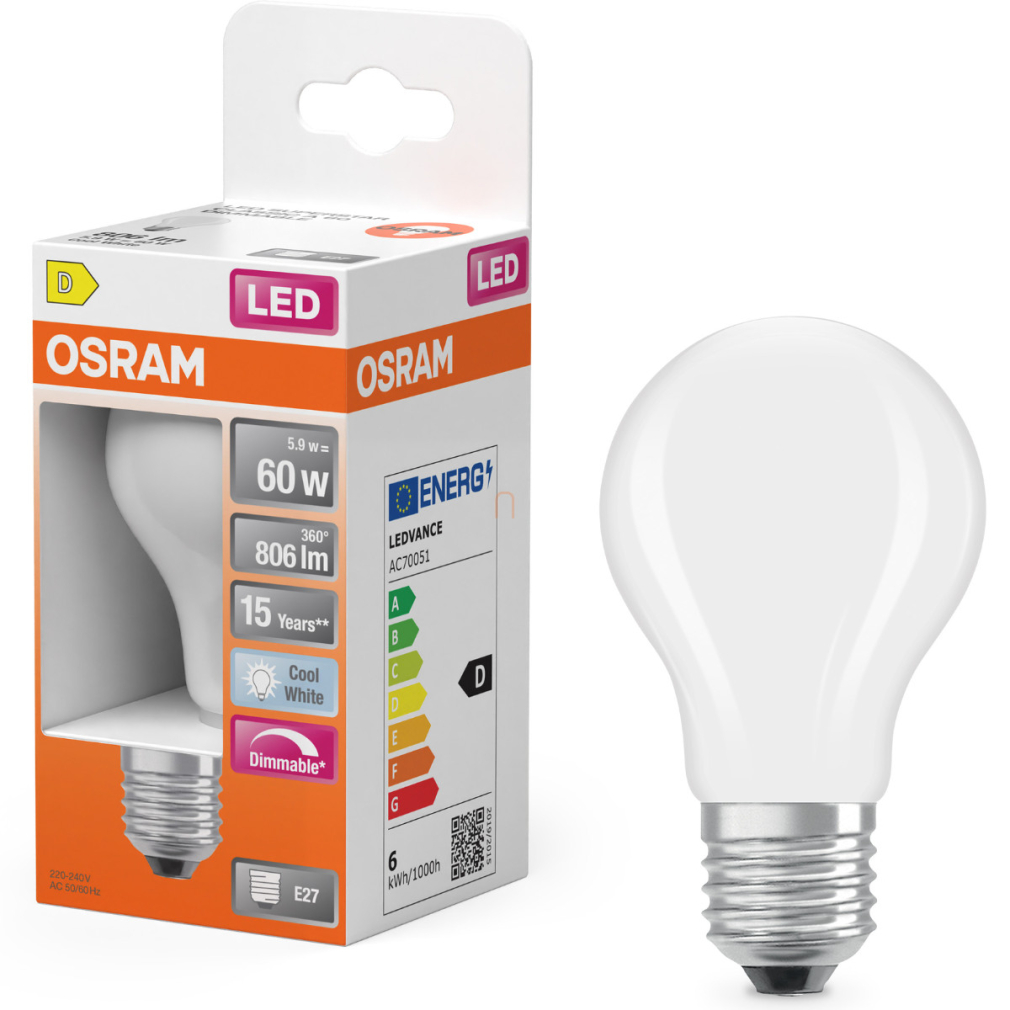 Osram E27 LED 5,9W, 806 lm, 4000 K, hidegfehér, dimmelhető, opál üveg-60 W normál izzó helyett - Superstar Classic A