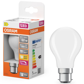   Osram B22d LED 5,9W, 806 lm, 2700 K, melegfehér, dimmelhető, opál üveg-60 W izzó helyett - Superstar Classic A