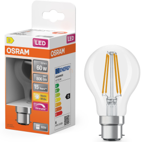   Osram B22d LED 5,9W, 806 lm, 2700 K, melegfehér, dimmelhető, áttetsző üveg-60 W izzó helyett - SuperStar Classic A filament