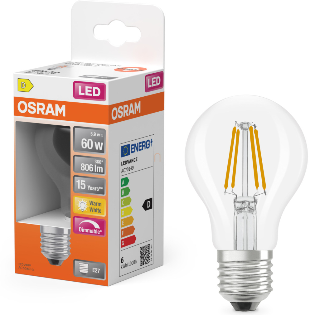 Osram E27 LED 5,9W, 806 lm, 2700 K, melegfehér, dimmelhető, áttetsző üveg-60 W normál izzó helyett - Superstar Classic A filament