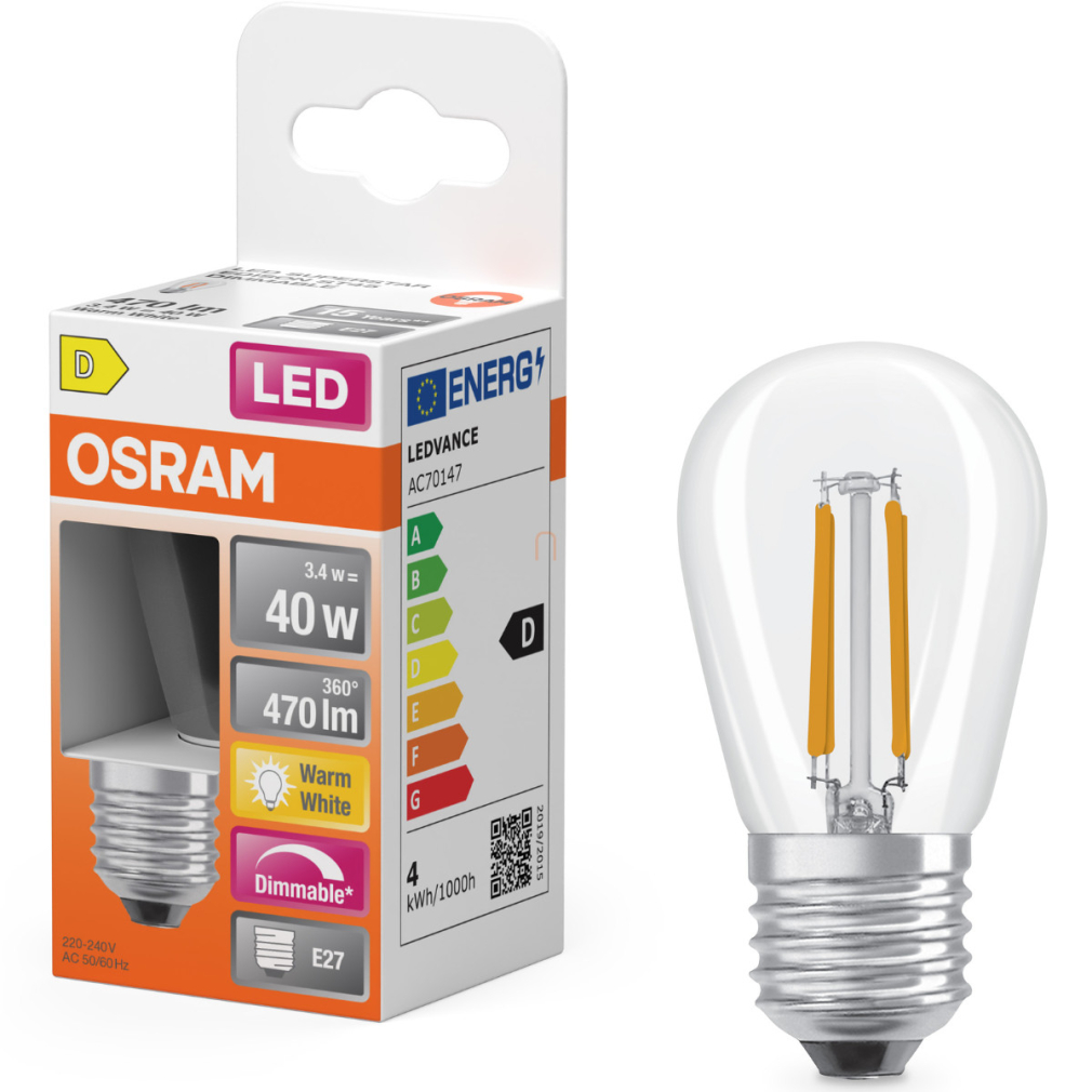 Osram E27 LED Edison, 3,4W, 470 lm, 2700 K, melegfehér, dimmelhető, áttetsző üveg-40 W izzó helyett - Star Classic filament
