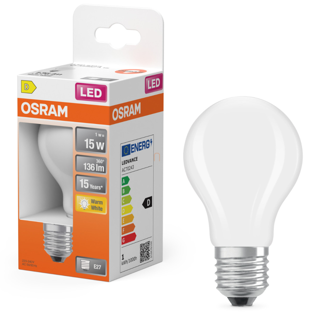 Osram E27 LED 1W, 136 lm, 2700 K, melegfehér, opál üveg-15 W normál izzó helyett - Star Classic A