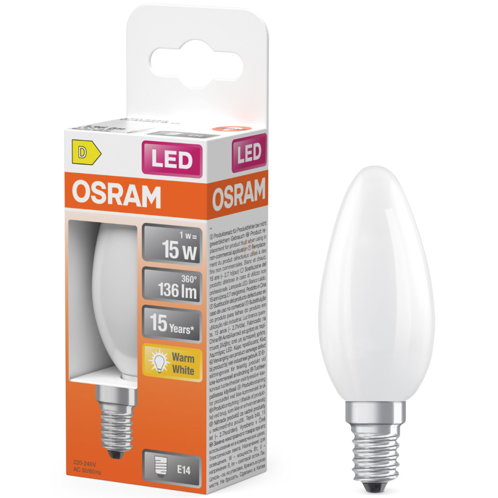 Osram E14 LED gyertya, 1W, 136 lm, 2700 K, melegfehér, opál üveg-15 W izzó helyett - Star Classic B