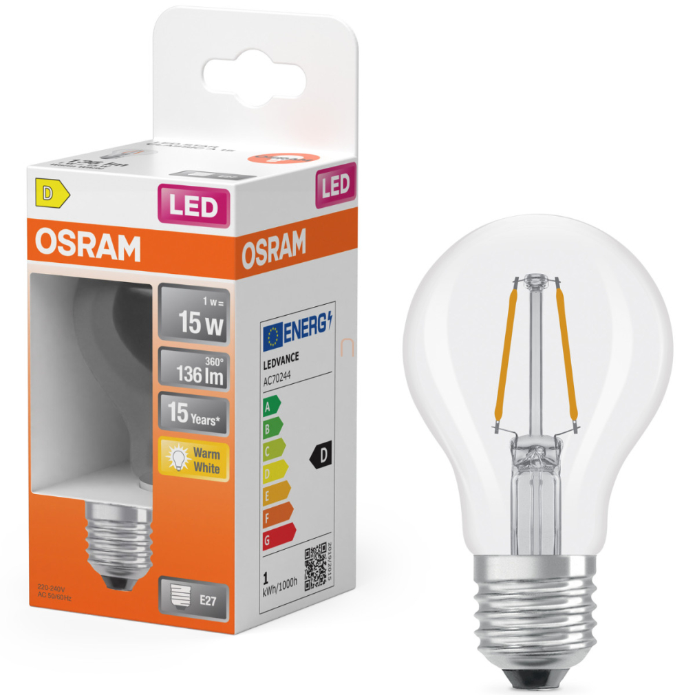 Osram E27 LED 1W, 136 lm, 2700 K, melegfehér, áttetsző üveg-15 W normál izzó helyett - Star Classic A filament