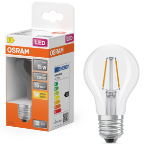   Osram E27 LED 1W, 136 lm, 2700 K, melegfehér, áttetsző üveg-15 W normál izzó helyett - Star Classic A filament