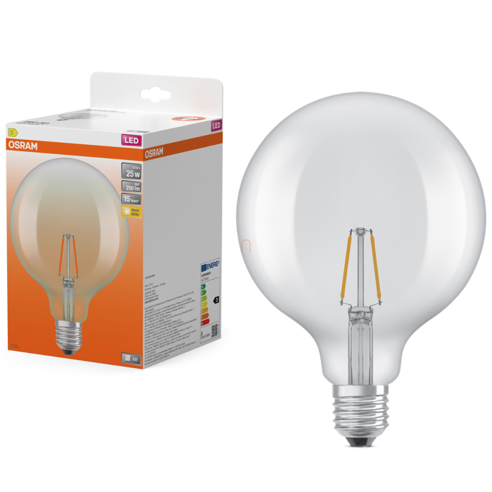 Osram E27 LED nagygömb, 1,8W, 250 lm, 2700 K, melegfehér, áttetsző üveg-25 W izzó helyett - Star Classic Globe125 filament