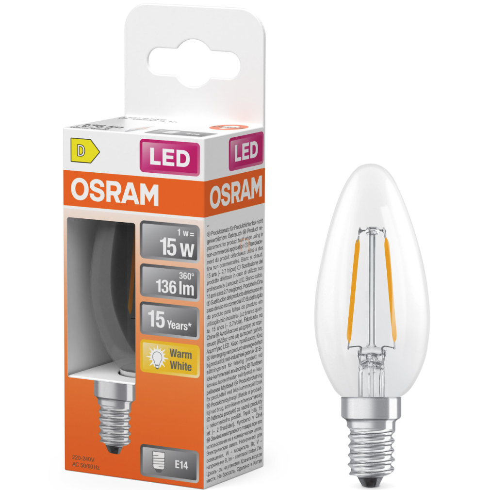 Osram E14 LED gyertya, 1W, 136 lm, 2700 K, melegfehér, áttetsző üveg-15 W izzó helyett - Star Classic B filament