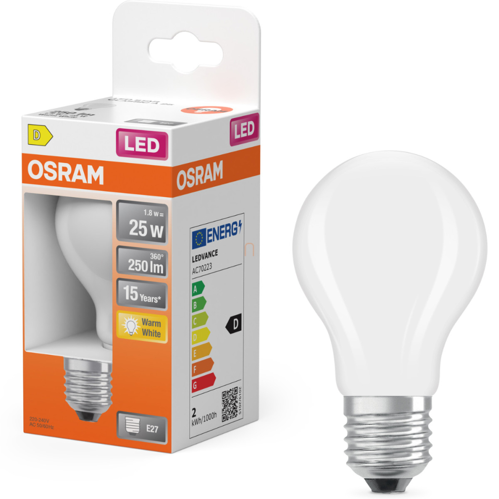 Osram E27 LED 1,8W, 250 lm, 2700 K, melegfehér, opál üveg-25 W normál izzó helyett - Star Classic A