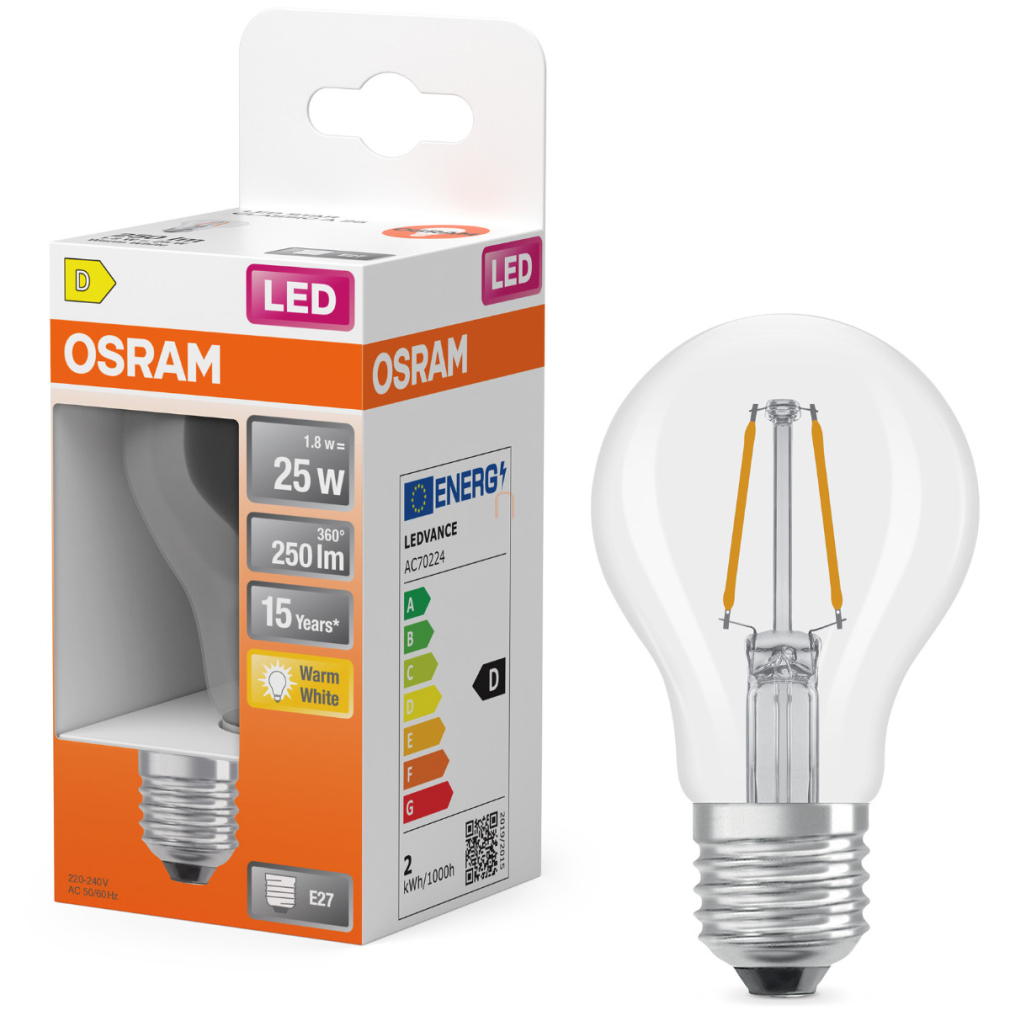 Osram E27 LED 1,8W, 250 lm, 2700 K, melegfehér, áttetsző üveg-25 W normál izzó helyett - Star Classic A filament