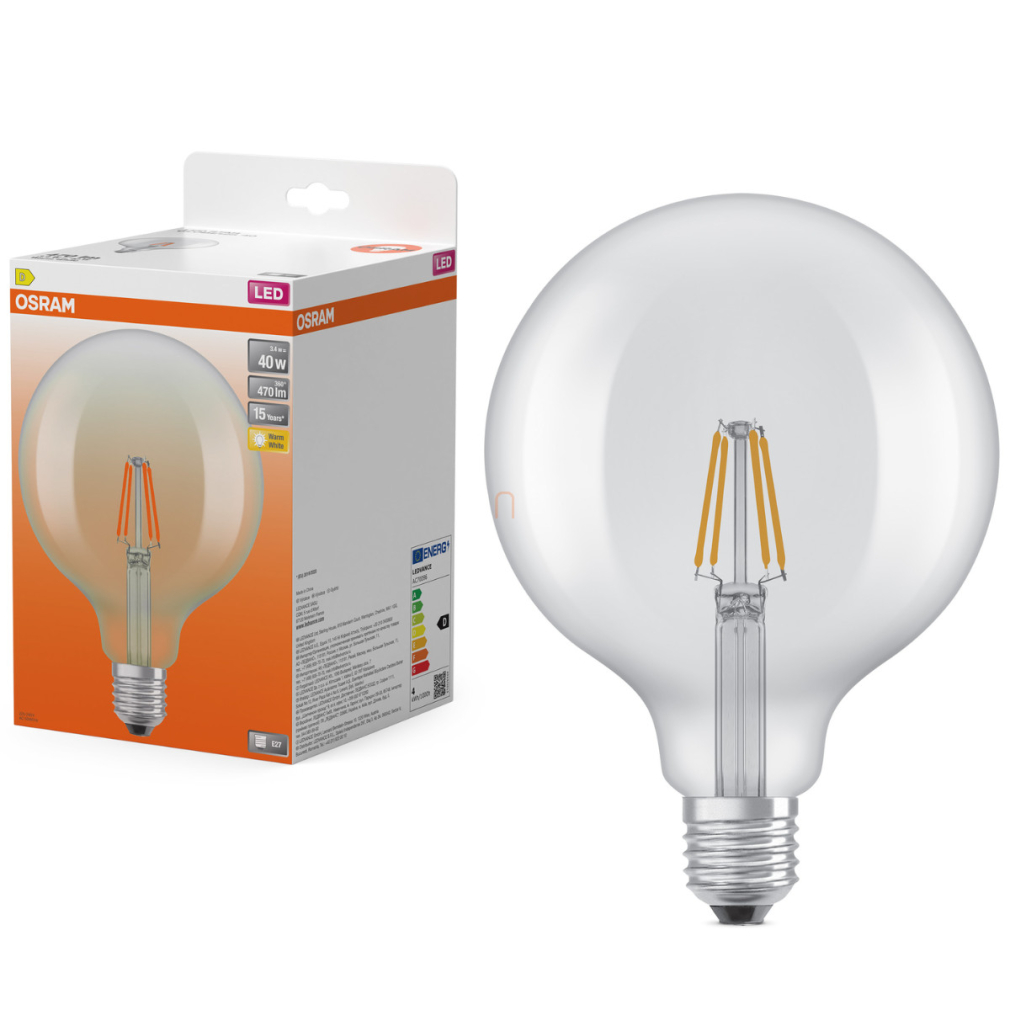 Osram E27 LED nagygömb, 3,4W, 470 lm, 2700 K, melegfehér, áttetsző üveg-40 W izzó helyett - Star Classic Globe125 filament
