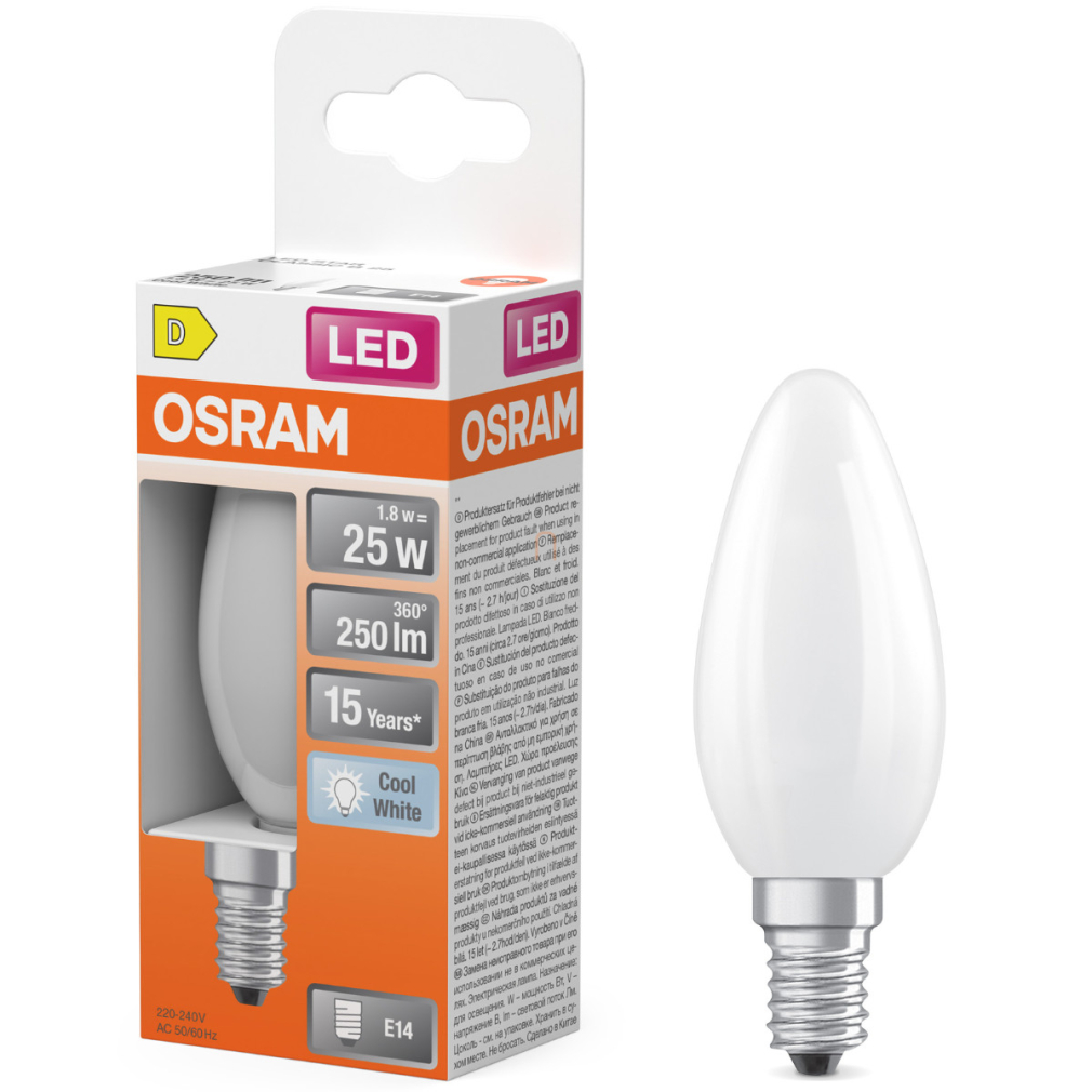 Osram E14 LED gyertya, 1,8W, 250 lm, 4000 K, hidegfehér, opál üveg-25 W izzó helyett - Star Classic B