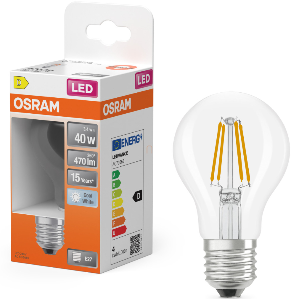 Osram E27 LED 3,4W, 470 lm, 4000 K, hidegfehér, áttetsző üveg-40 W normál izzó helyett - Star Classic A filament