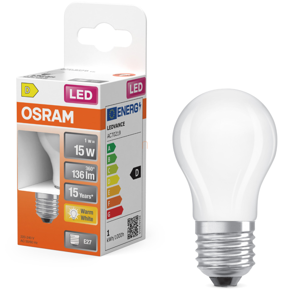 Osram E27 LED kisgömb, 1W, 136 lm, 2700 K, melegfehér, opál üveg-15 W izzó helyett - Superstar Classic P