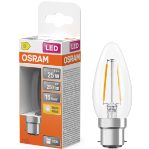   Osram B22d LED 1,8W, 250 lm, 2700 K, melegfehér, áttetsző üveg-25 W izzó helyett - Star Classic B filament