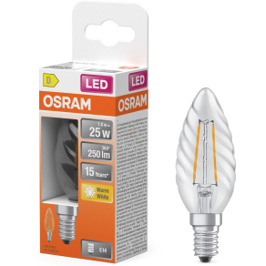   Osram E14 LED gyertya, 1,8W, 250 lm, 2700 K, melegfehér, áttetsző üveg-25 W izzó helyett - Star Classic BW filament