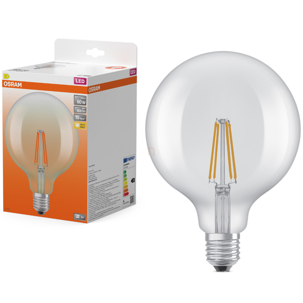 Osram E27 LED nagygömb, 5,9W, 806 lm, 2700 K, melegfehér, áttetsző üveg-60 W izzó helyett - Star Classic Globe125 filament