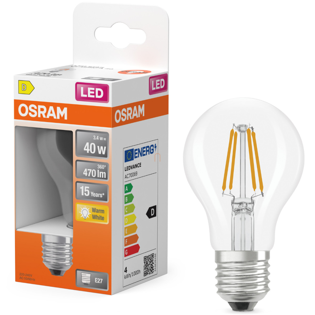 Osram E27 LED 3,4W, 470 lm, 2700 K, melegfehér, áttetsző üveg-40 W normál izzó helyett - Star Classic A filament