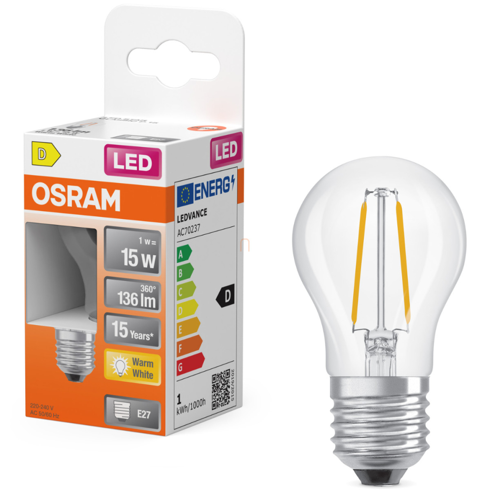 Osram E27 LED kisgömb, 1W, 136 lm, 2700 K, melegfehér, áttetsző üveg-15 W izzó helyett - Superstar Classic P filament