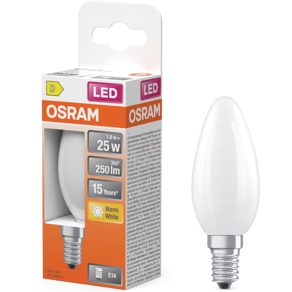 Osram E14 LED gyertya, 1,8W, 250 lm, 2700 K, melegfehér, opál üveg-25 W izzó helyett - Star Classic B