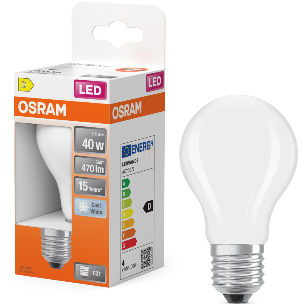 Osram E27 LED 3,4W, 470 lm, 4000 K, hidegfehér, opál üveg-40 W normál izzó helyett - Star Classic A