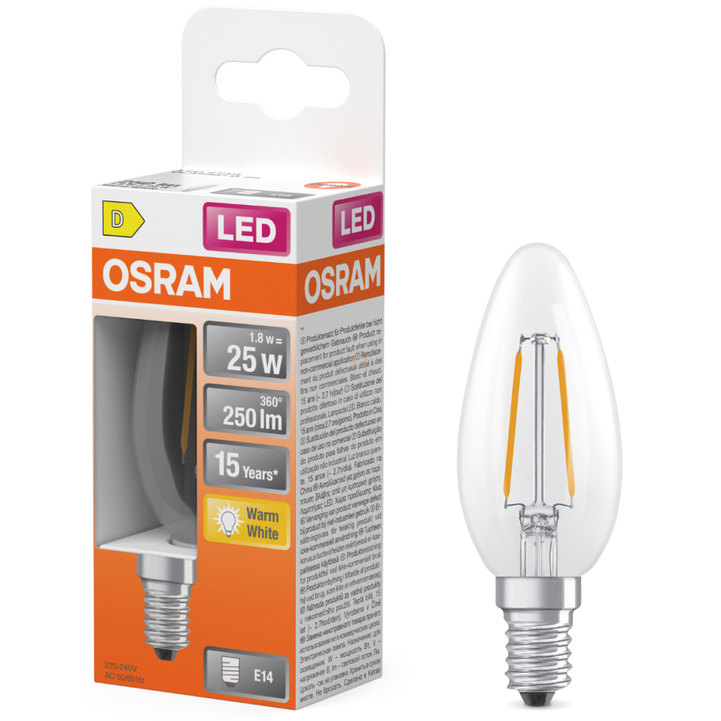 Osram E14 LED gyertya, 1,8W, 250 lm, 2700 K, melegfehér, áttetsző üveg-25 W izzó helyett - Star Classic B filament