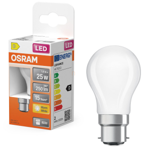   Osram B22d LED 1,8W, 250 lm, 2700 K, melegfehér, opál üveg-25 W izzó helyett - Superstar Classic P