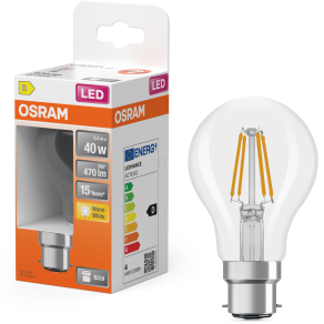   Osram B22d LED 3,4W, 470 lm, 2700 K, melegfehér, áttetsző üveg-40 W izzó helyett - Star Classic A filament