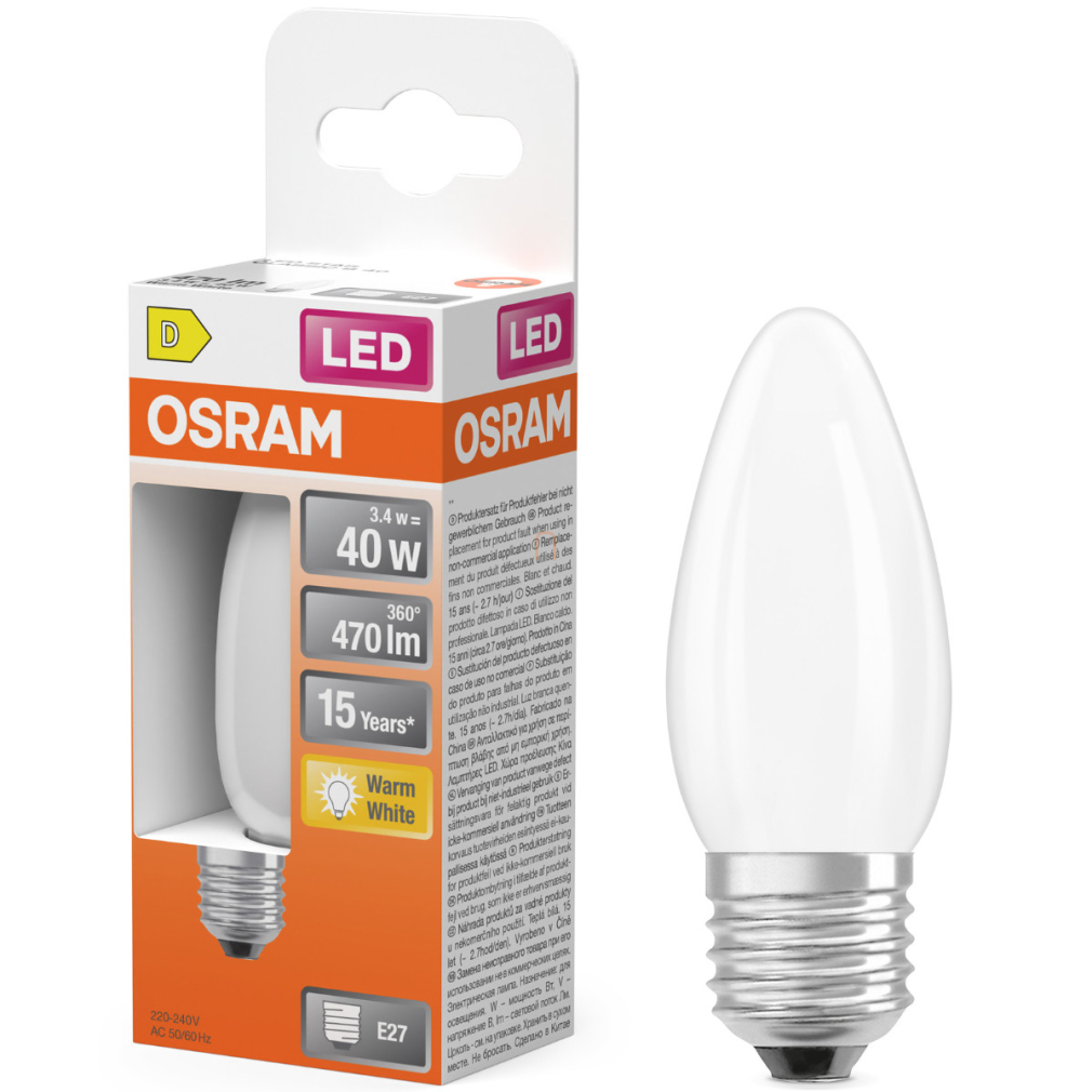 Osram E27 LED gyertya, 3,4W, 470 lm, 2700 K, melegfehér, opál üveg-40 W izzó helyett - Star Classic B